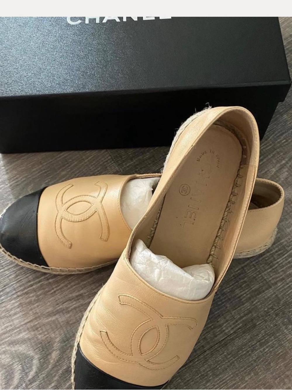 CHANEL Beige Leather Espadrilles with Black Toe Cap